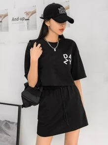 DAZY Letter Graphic Drop Shoulder Tee & Skirt - Black - View 5