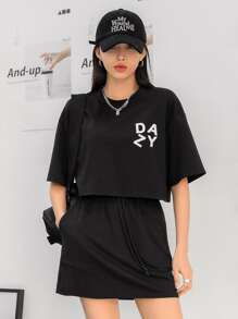 DAZY Letter Graphic Drop Shoulder Tee & Skirt - Black - View 6