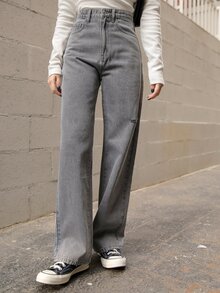 DAZY Quần jean nữ Nút Túi Bị tách Dây kéo màu trơn - Xám - Xem 6