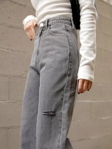 DAZY Quần jean nữ Nút Túi Bị tách Dây kéo màu trơn - Xám - Xem 8