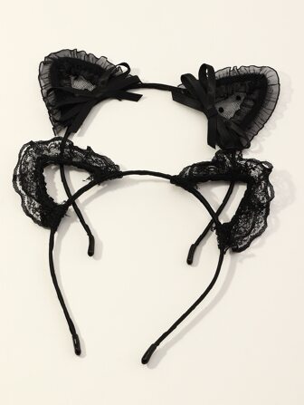 2pcs Women's Cartoon Lace Cat Ear Headband, Cute Cosplay Cat Hair Accessories, Japanese Style Halloween