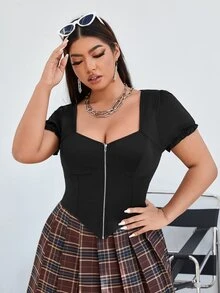 Plus Sweetheart Neck Zipper Bandana Hem Tee - Black - View 4
