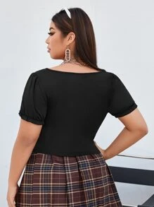 Plus Sweetheart Neck Zipper Bandana Hem Tee - Black - View 3