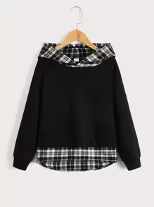 SHEIN Boys Contrast Plaid Print Sweatshirt - Black - View 1