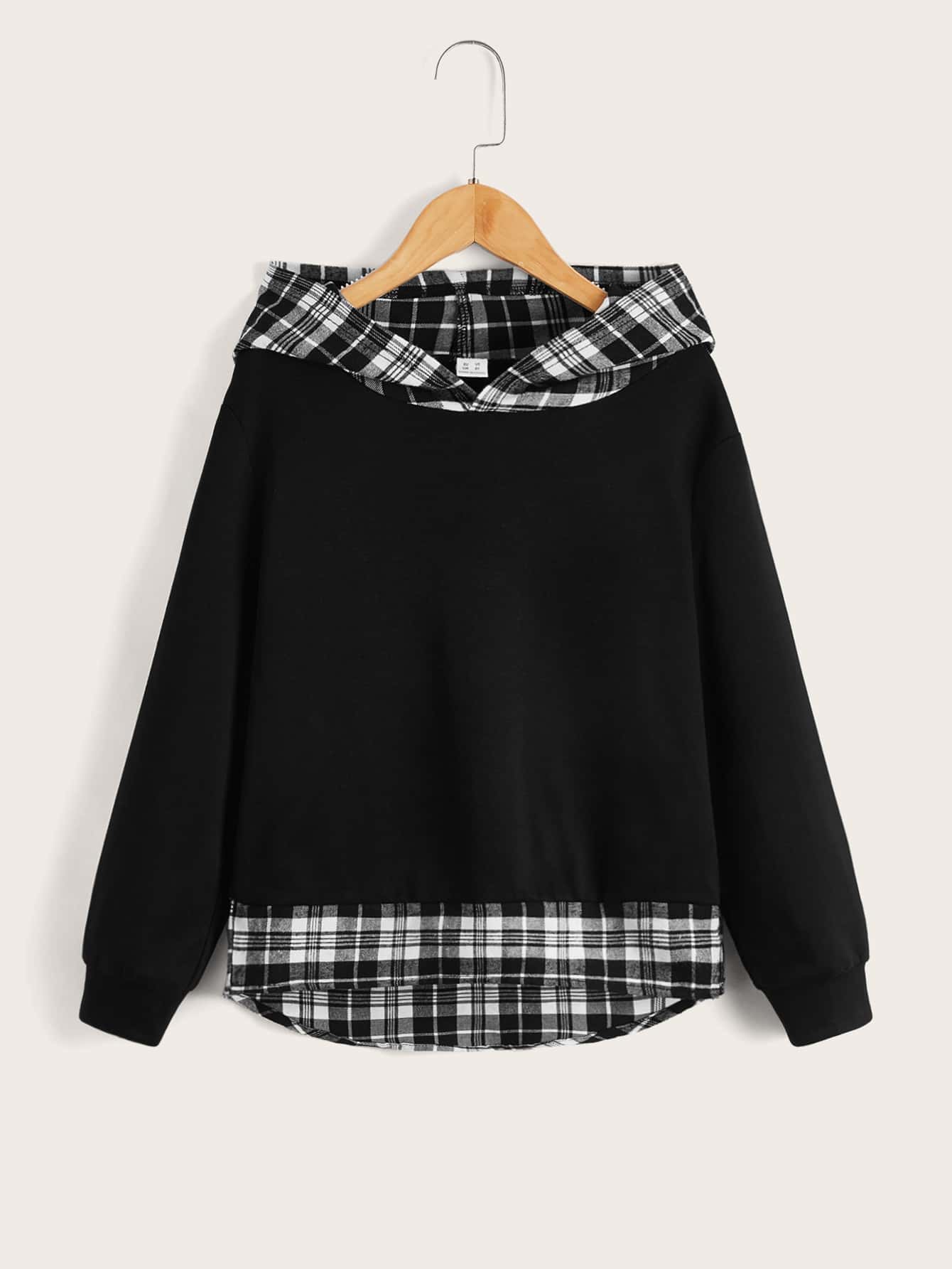 SHEIN Boys Contrast Plaid Print Sweatshirt - Black - View 1