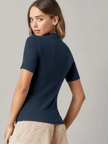 SHEIN BASICS 小高領素色羅紋針織T恤