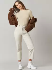 SHEIN BASICS Mock Neck Solid Tee - Apricot - View 3