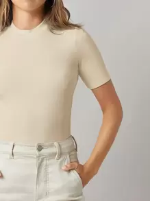 SHEIN BASICS Mock Neck Solid Tee - Apricot - View 5