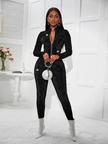 Rhinestone Zip Up Velvet Jumpsuit - Black - View 1