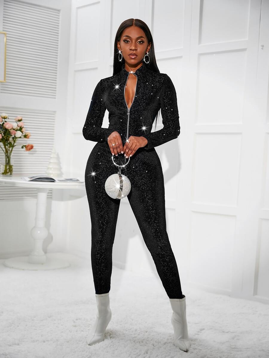 Rhinestone Zip Up Velvet Jumpsuit - Black - View 1