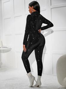 Rhinestone Zip Up Velvet Jumpsuit - Black - View 2