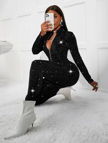 Rhinestone Zip Up Velvet Jumpsuit - Black - View 3