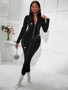 Rhinestone Zip Up Velvet Jumpsuit - Black - View 4