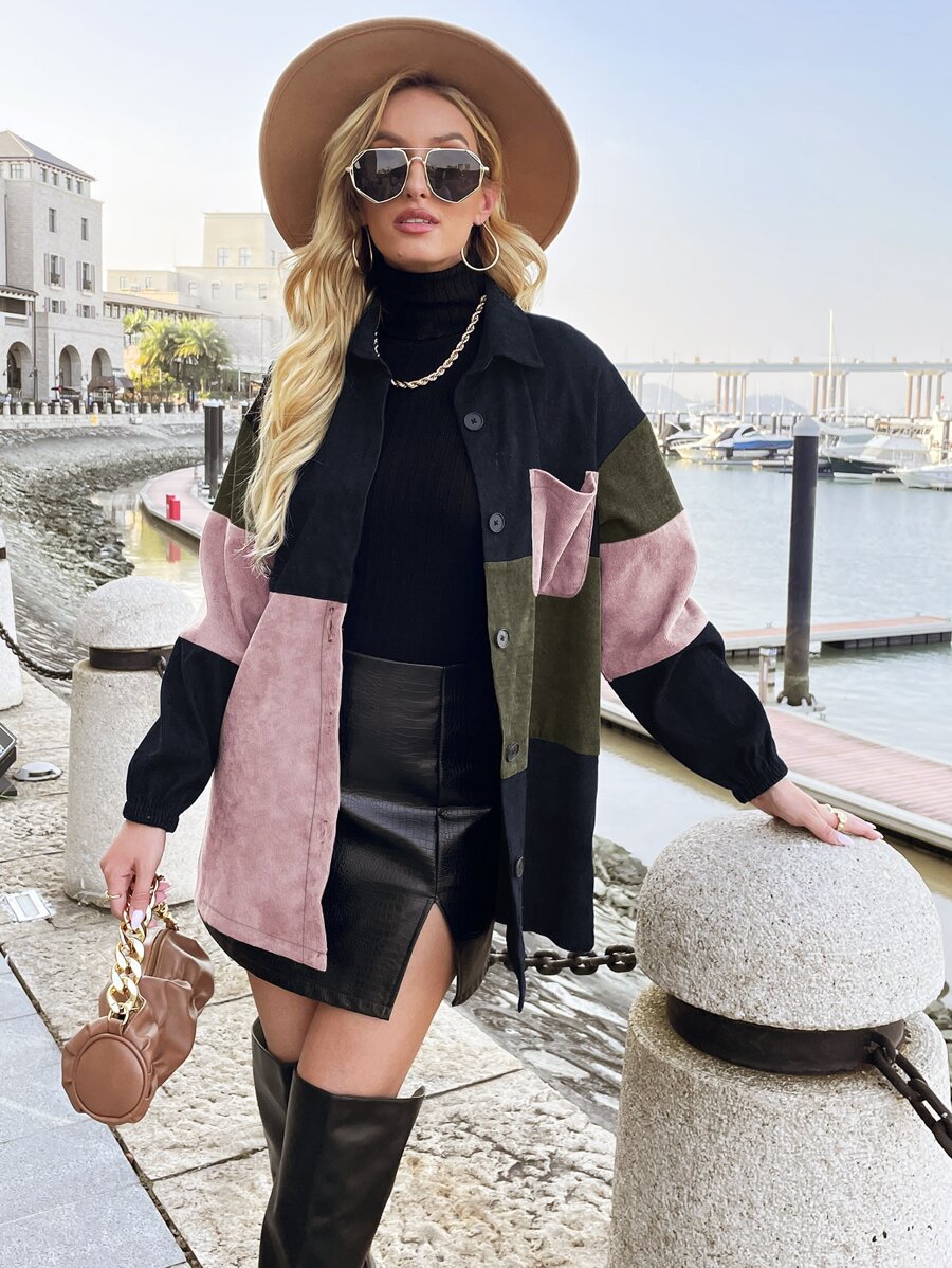 SHEIN LUNE Cut And Sew Drop Shoulder Corduroy Coat - Multicolor - View 1