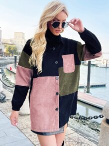 SHEIN LUNE Cut And Sew Drop Shoulder Corduroy Coat - Multicolor - View 6