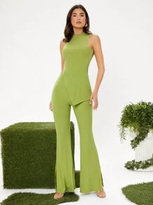 SHEIN BAE Mock Neck Slit Hem Tank Top And Trousers Set - Lime Green - View 4