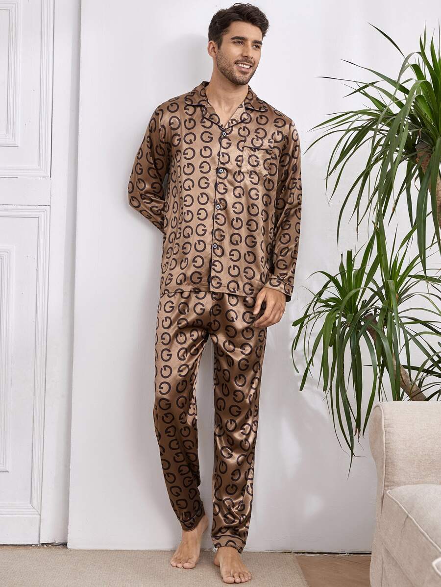 Men Satin Allover Letter Graphic PJ Set / Pajama Set - Coffee Brown - View 1