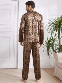 Men Satin Allover Letter Graphic PJ Set / Pajama Set - Coffee Brown - View 2