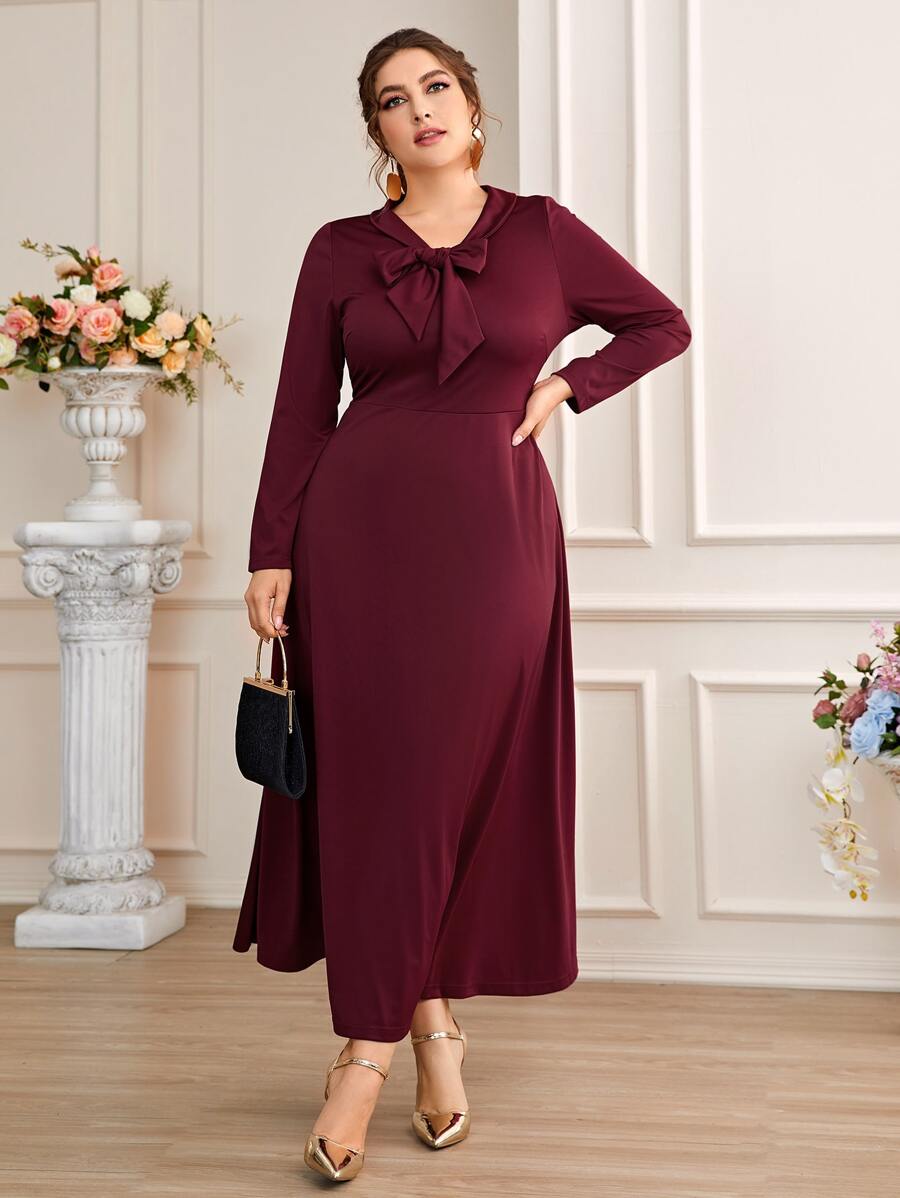 Đầm Plus Size Thắt nút màu trơn Thanh lịch - Màu Đỏ Sâu - Xem 1