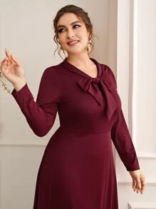 Đầm Plus Size Thắt nút màu trơn Thanh lịch - Màu Đỏ Sâu - Xem 4