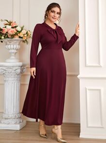 Đầm Plus Size Thắt nút màu trơn Thanh lịch - Màu Đỏ Sâu - Xem 5