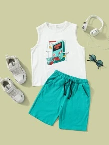 SHEIN Boys Letter & Cartoon Graphic Tank Top & Drawstring Waist Track Shorts Set - Multicolor - View 1