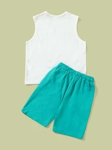 SHEIN Boys Letter & Cartoon Graphic Tank Top & Drawstring Waist Track Shorts Set - Multicolor - View 2