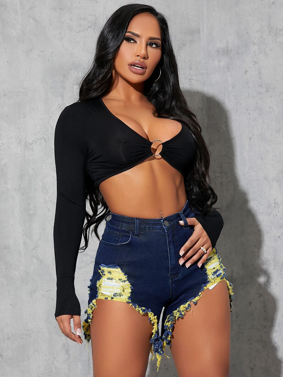 SHEIN SXY Quần short denim nữ Nút Túi Hem thô Bị tách Dây kéo Khối Màu - Rửa tối - Xem 1