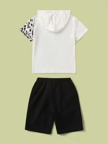Boys Leopard Print Hooded Tee & Letter Pattern Track Shorts - White - View 2
