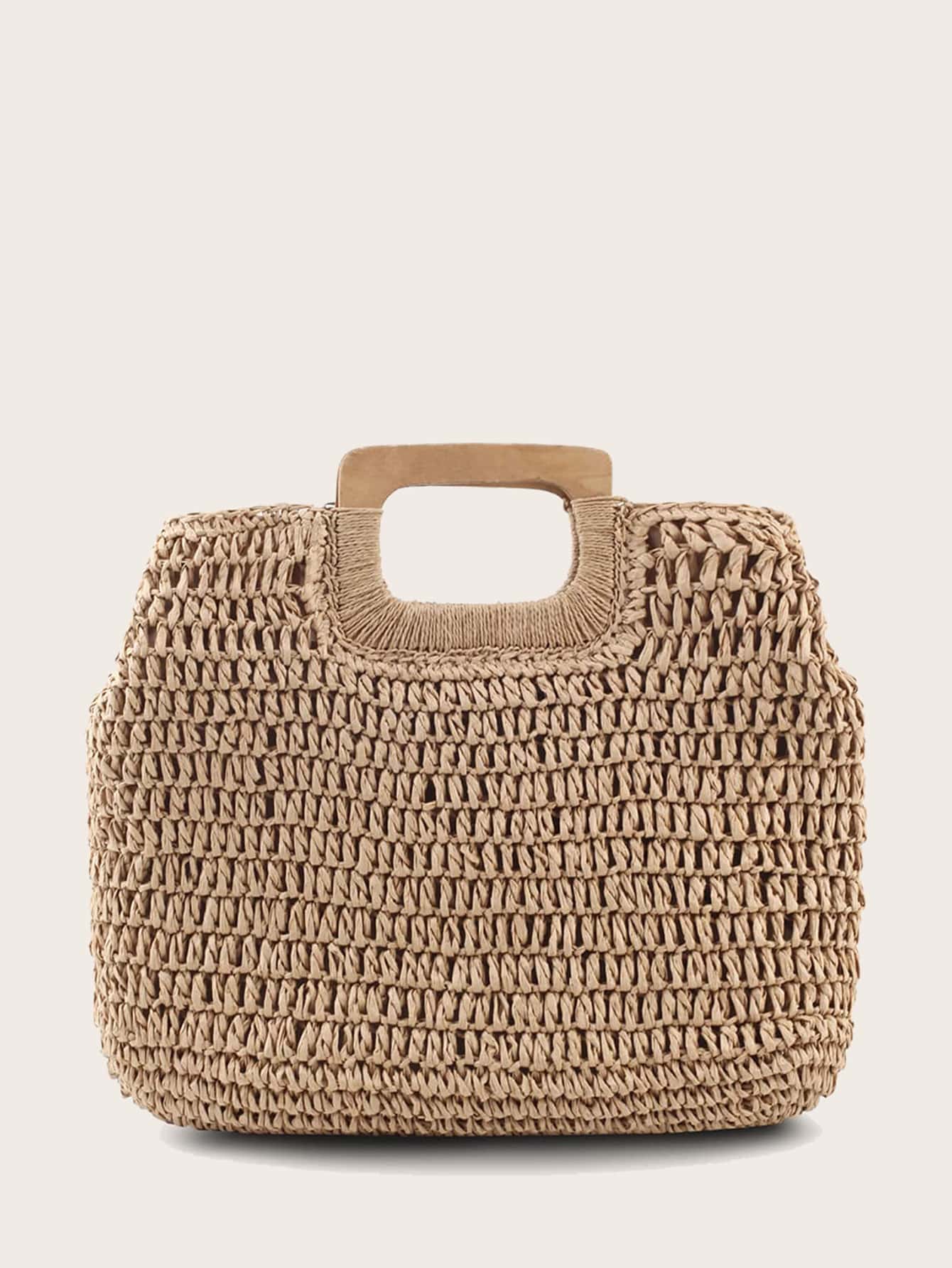 Braided Tote Bag With Wooden Handle - Khaki - View 1