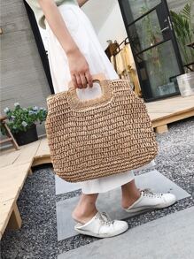 Braided Tote Bag With Wooden Handle - Khaki - View 2