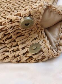Braided Tote Bag With Wooden Handle - Khaki - View 4