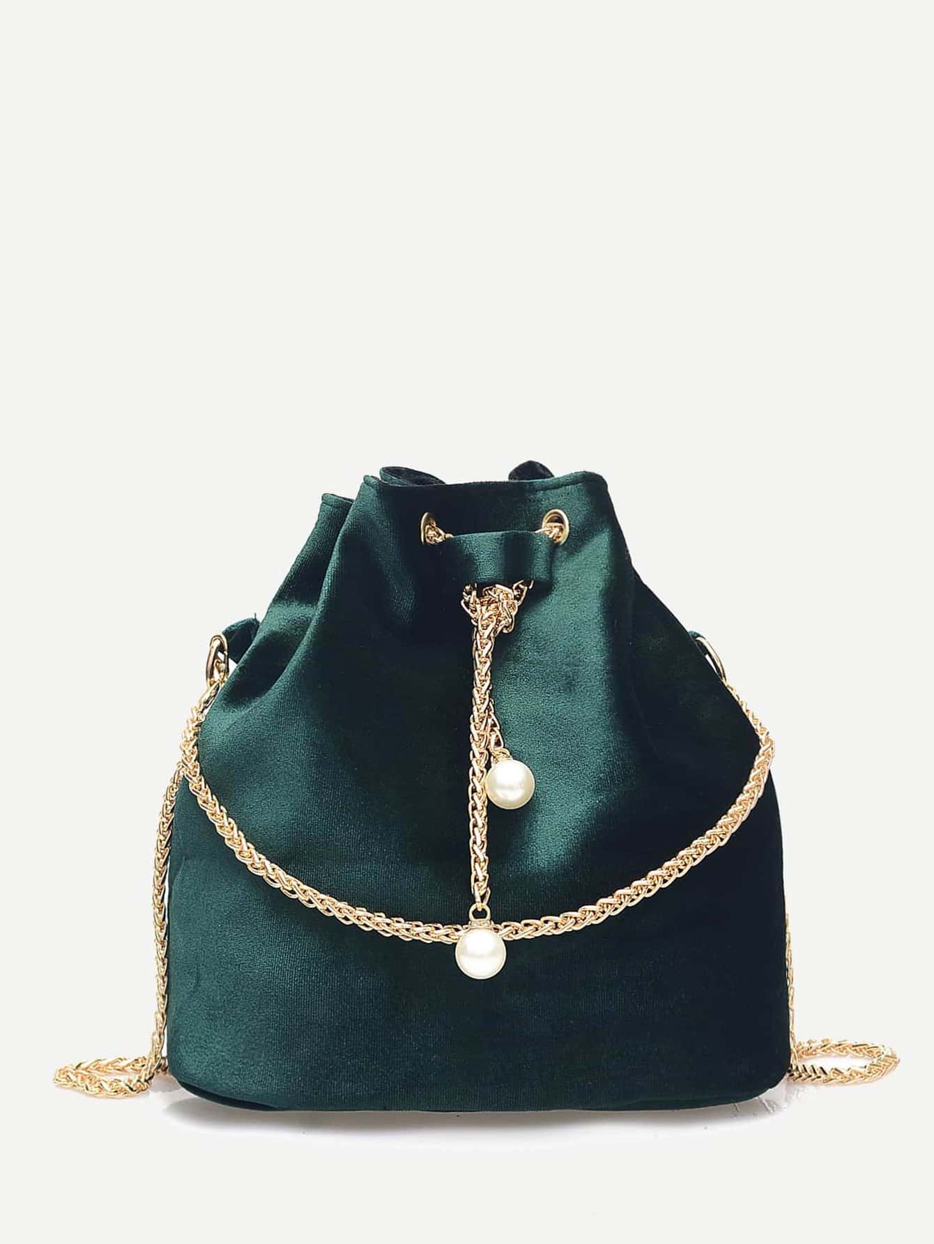 Drawstring Bucket Chain Bag - Green - View 1