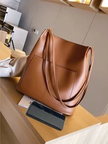 Bolsa tote con bolsillo lateral minimalista - Marrón - Ver 2