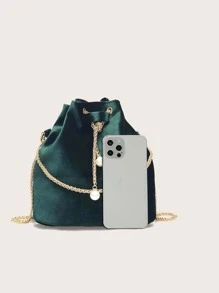 Drawstring Bucket Chain Bag - Green - View 3