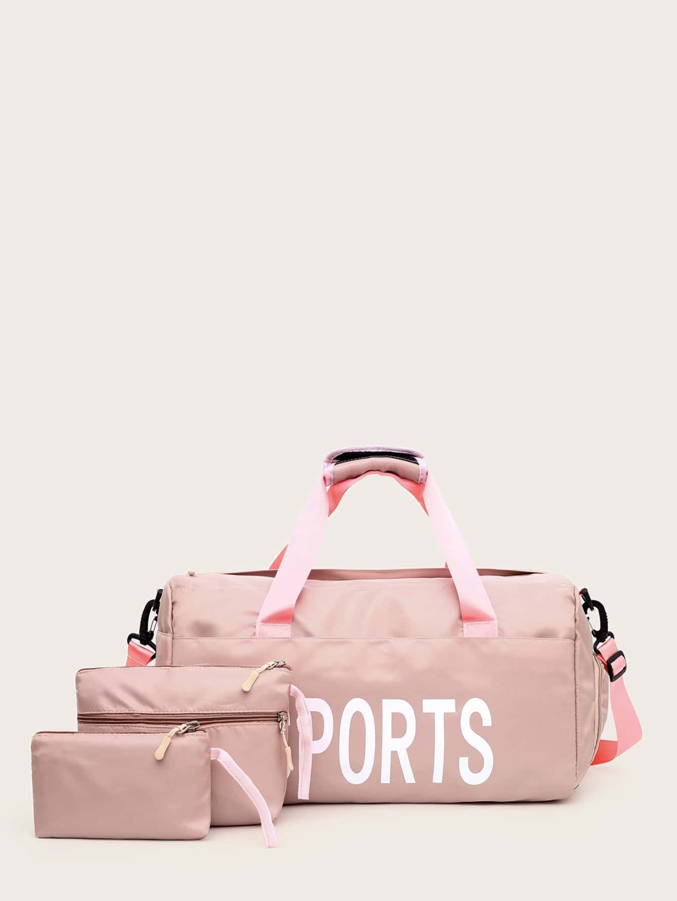 字母印花行李袋帶手拿包3件套書包套裝適合畢業生、青少年女孩、新生、大二、初中和高中學生、大學和高中，非常適合戶外、旅行和返校 - 粉色 - 查看 1