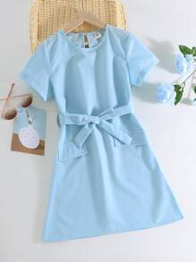 Niñas Vestido con cinturón de espalda con abertura de ojo - Celeste - Ver 1