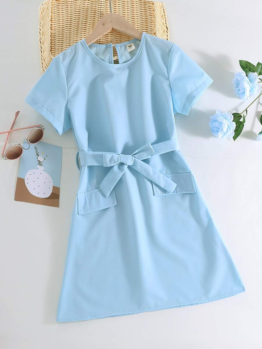 Niñas Vestido con cinturón de espalda con abertura de ojo - Celeste - Ver 1