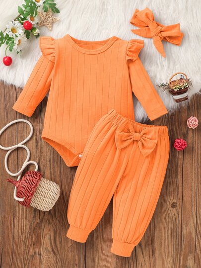Baby Ruffle Trim Bodysuit & Bow Front Joggers & Headband