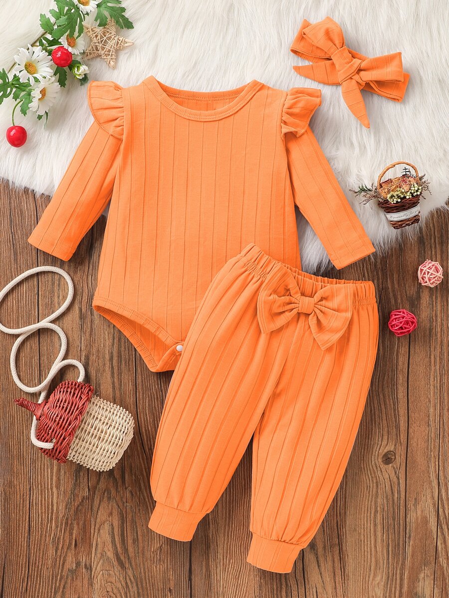 Baby Ruffle Trim Bodysuit & Bow Front Joggers & Headband - Orange - View 1