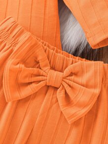 Baby Ruffle Trim Bodysuit & Bow Front Joggers & Headband - Orange - View 5