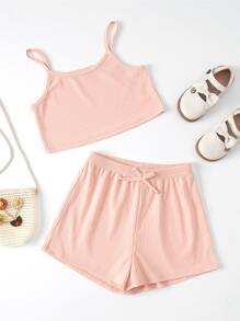 Girls Solid Cami Top & Bow Front Shorts - Coral Pink - View 1