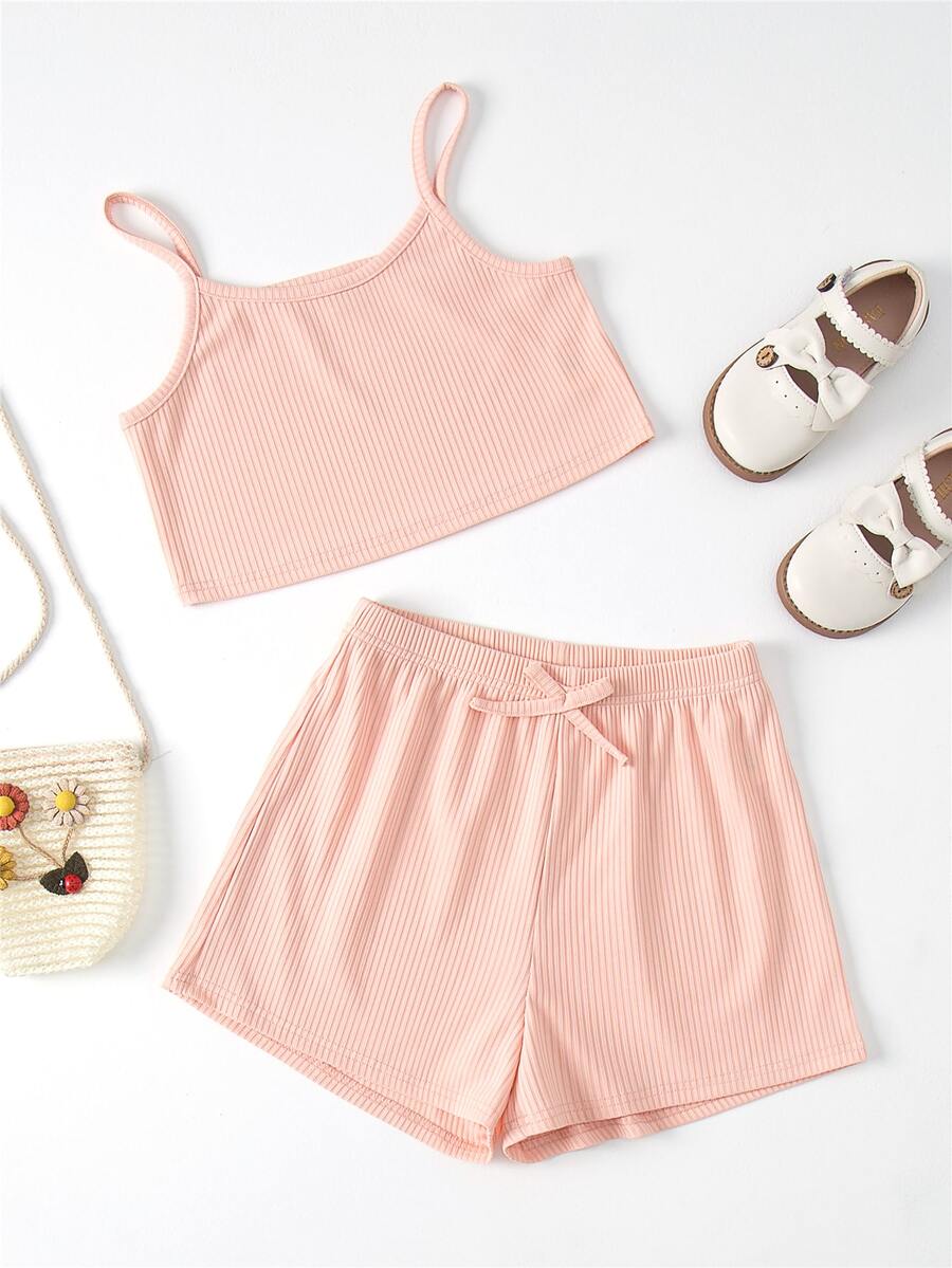 Girls Solid Cami Top & Bow Front Shorts - Coral Pink - View 1