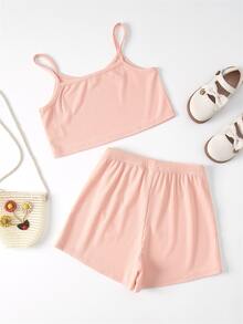 Girls Solid Cami Top & Bow Front Shorts - Coral Pink - View 2