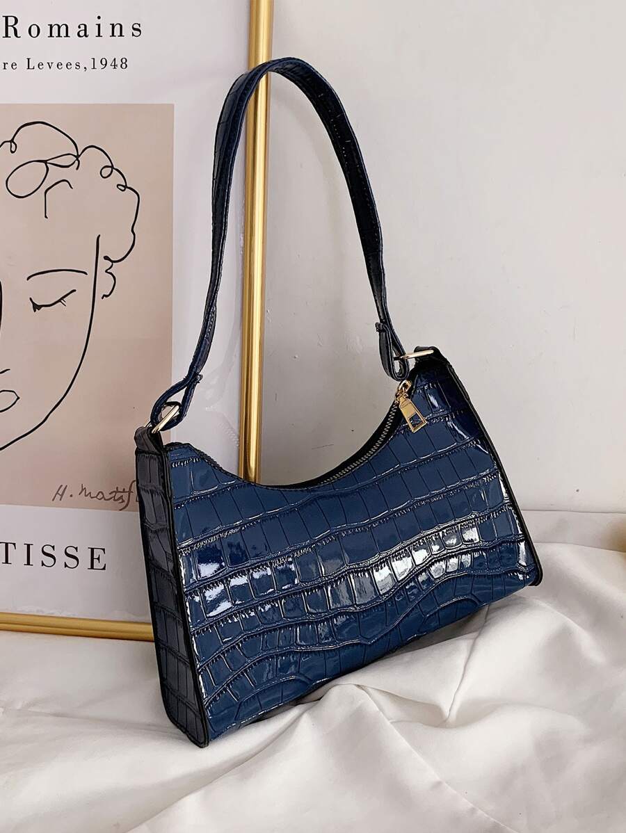 Crocodile Embossed Shoulder Bag, Animal Print Women Bag - Navy Blue - View 1