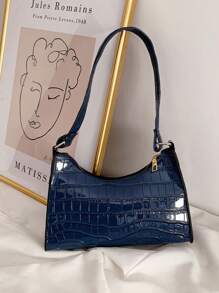 Crocodile Embossed Shoulder Bag, Animal Print Women Bag - Navy Blue - View 2