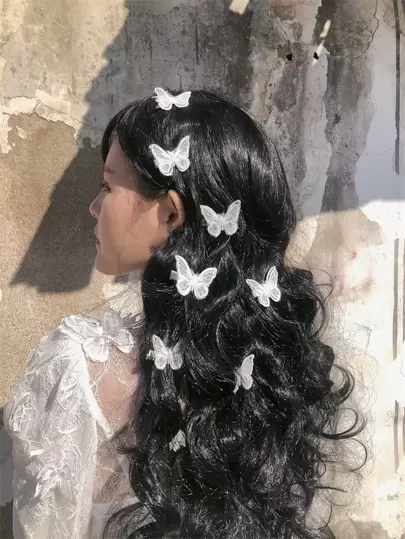 8个装女士白色蕾丝蝴蝶发夹，时尚百搭，简约优雅风格，适合日常、户外、休闲、派对、工作、度假、洗脸或化妆等场合，可作为服装配饰，也可作为发夹、发卡、发卡、发饰等，是学习、大学、发间必备的时尚单品。