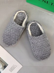 秋冬女士简约纹理毛绒卧室拖鞋，毛绒鞋，蓬松拖鞋 - 灰色 - 查看 2