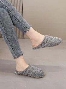秋冬女士简约纹理毛绒卧室拖鞋，毛绒鞋，蓬松拖鞋 - 灰色 - 查看 3