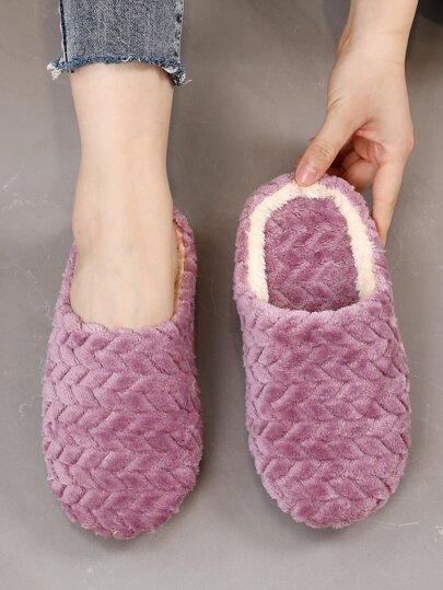 Fall/Winter Women's Stylish Purple Cable Textured Fluffy Bedroom Slippers With Embroidery,Furry Shoes